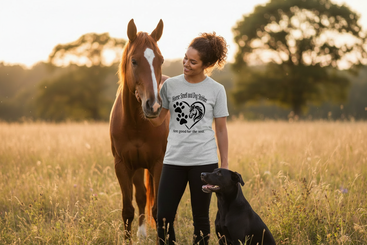 Two t-shirts with horse and dog-themed designs on a colorful background.